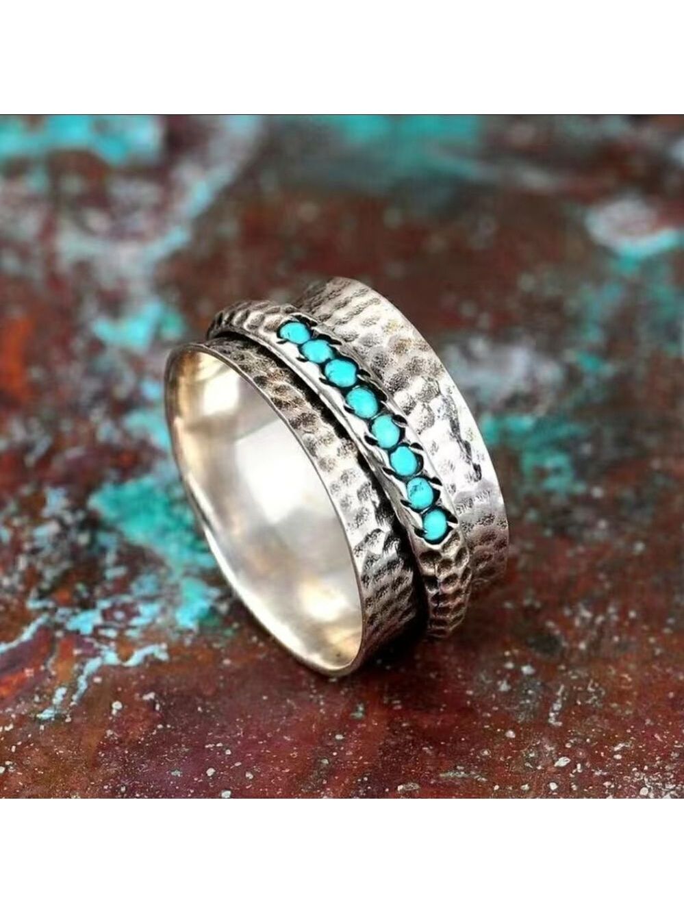 Boho Style Wide Ring Hammered Inlaid Turquoise Rotatable Design For Releasing - Picture 8 of 8